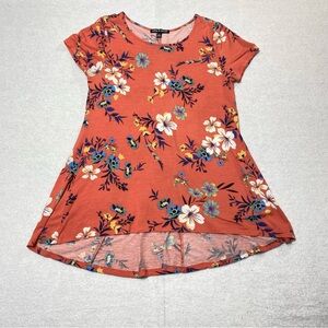 Cable & Gauge Tunic Top Women’s S Coral Floral High Low Hem Lace Up Back Summer